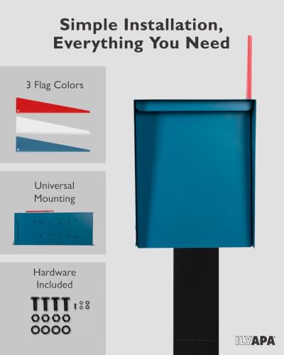 Image of Ilyapa Modern Mailbox for Outside Post Mount - Blue Powder Coated Metal Mailbox, Waterproof Letter Box for Parcels, Recessed Magnetic Close Door
