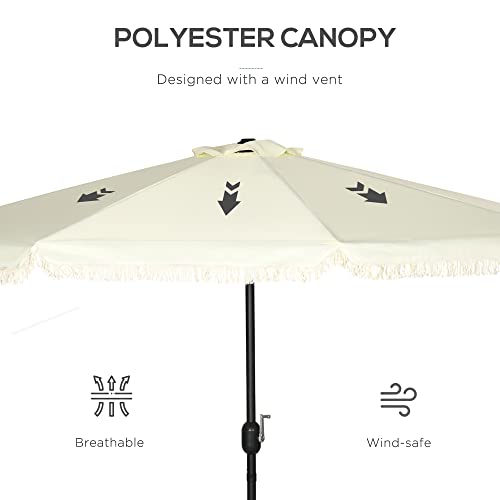 Outsunny 9Ft Patio Umbrella With Push Button Tilt And Crank, Ruffled Outdoor Market Table Umbrella With Tassles And 8 Ribs, For Garden, Deck, Pool, Cream White #TOP5