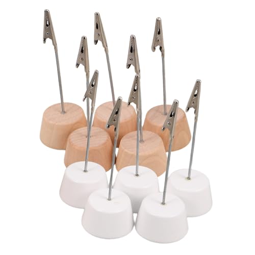 NUOBESTY 10pcs Wooden Memo Clips with Round Base Rustic Photo Holders for Table Numbers Cards Firm Grip Display Clips for Home Office Event Decor