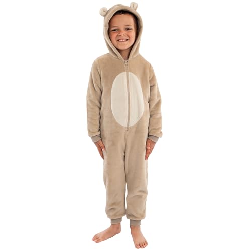 Harry Bear Onesie, Teddy Bear Boys Onesie With 3D Ears, Bear Kids Pjs, Boys All In One Pyjamas, Brown 4-5 Years