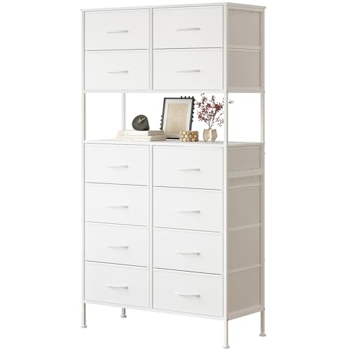 Hohe Kommode, weiße Aufbewahrungskiste mit offenem Mitteldesign, hohe Schlafzimmertruhe mit 12 Schubladen, große Kapazität, Aufbewahrungskiste für Schrank, Kinderzimmer, Wohnzimmer, Weiß Hohe Kommode, weiße Aufbewahrungskiste mit offenem Mitteldesign, hohe Schlafzimmertruhe mit 12 Schubladen, große Kapazität, Aufbewahrungskiste für Schrank, Kinderzimmer, Wohnzimmer, Weiß