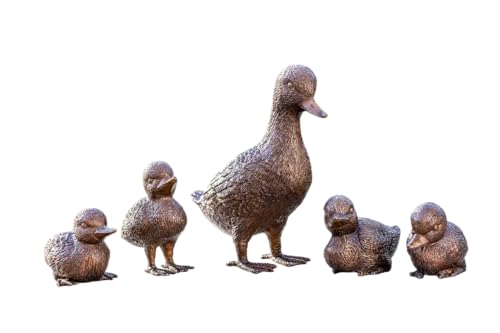 Generisch Bronze-Skulptur Entenfamilie | Ente mit 4 Küken | 16x8x19cm | Tierfigur aus Bronze handgefertigt