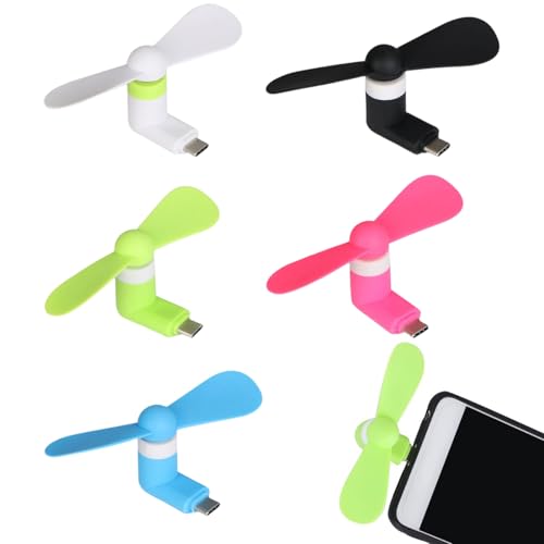 Rakiuty Mini-Handy-Ventilator Mini-Handy-Lüfter Tragbarer Kühler Rotierender Ventilator Tragbarer Mini-USB-Handy-Lüfter Kompatibel mit Type-C-Port (Schwarz+Weiß+Blau+Grün+Rosa)