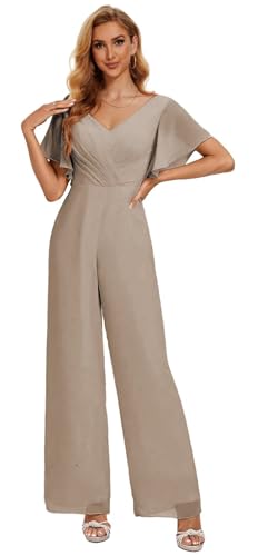 Zoghoo Short Sleeve Bridesmaid Dresses for Women Taupe One Piece Jumpsuits V Neck Formal Romper Size 12