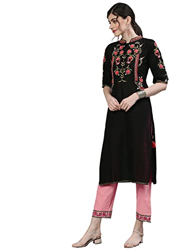 Image of Ishin Womens Cotton Straight Fit Embroidered Kurta