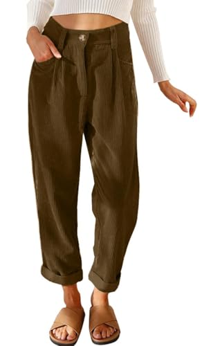 CheChury Pantalones de Pana Mujer Pantalones Casuales Vintage Cintura Alta Elástico Largos Pantalones Rectos Pantalones Sólido Elegante con Botones Cremallera Cómodos Anchos Bolsillos Otoño Invierno