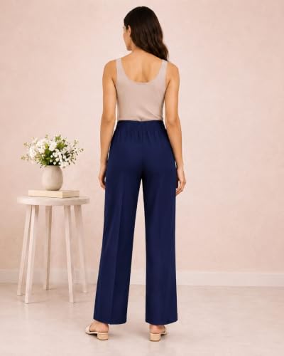 Image of Women's Mid Rise Wide Leg Trousers with Elastic Waist & Pockets