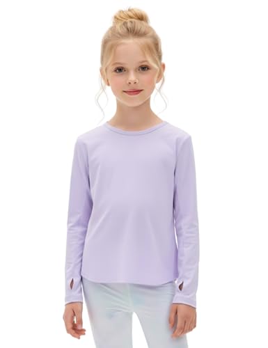Image of Venzina Girls' Long Sleeve Workout Top with Thumbholes Quick-Dry 4-Way Stretch Moisture Wicking Shirt for Yoga, Dance, Gymnastics(Age 6-10)
