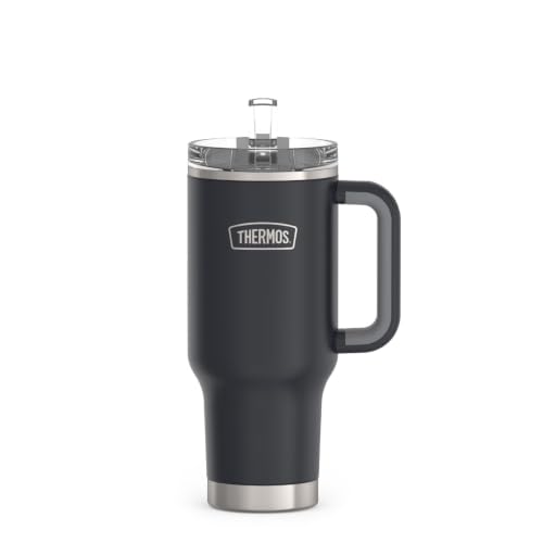 THERMOS Stainless Steel Cup Holder Mug - 32 Ounce, Granite - Insulated Tumbler with Lid and Pivot Straw, Plus Leak-Resistant Slide Lock