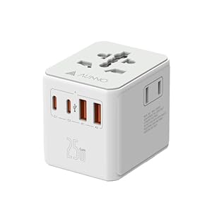 AUNNO 25W Universal Travel Adapter, Gallium Nitride Rapid Cooling Technology, Adapter with 2 USB-C and 2 USB-A Ports, Extra Two USA 2-Pin Plug, All in One Travel Adapter for Europe, UK, Australia etc