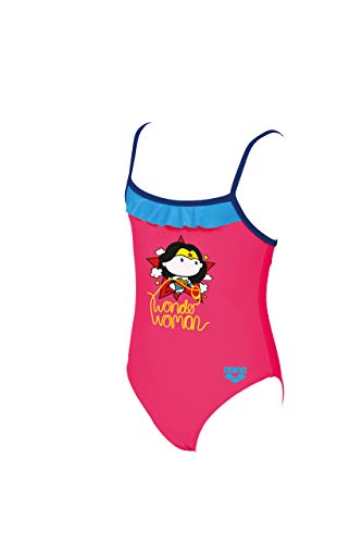 Arena Wb Wonder Woman Rouche Kids One Piece Swimsuit, Shiny Pink - Sea Blue, 4T