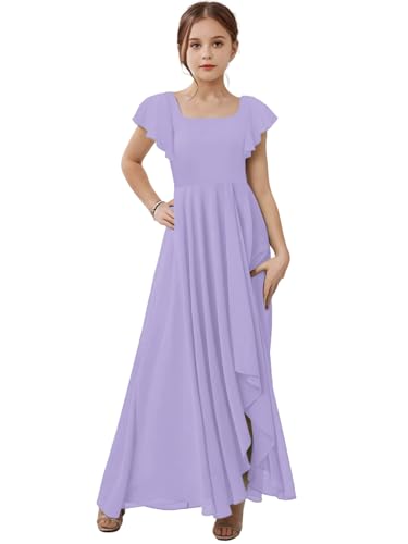 Short Sleeves Junior Bridesmaid Dresses Girls Party Dress Square Neck Chiffon Flower Girl Dress with Slit