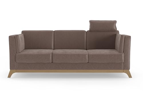 Cavadore 3er-Sofa Vida / 3-Sitzer Couch im trendigen Design mit massivem Holzrahmen in Buche, Kopfstütze mit Kuschelkissen / 213 x 84 x 93 / Mikrofaser, Hellbraun – Bild 7