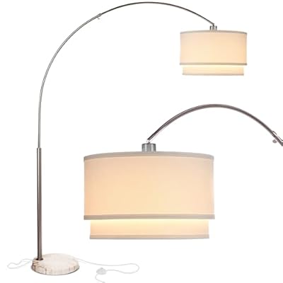 Brightech Mason Arc Floor Lamp - Modern Corner Standing Lamp with Unique Hanging Drum Lamp Shade for Living Room - Bright Overhead, Curved Hanging Light for Bedroom. Library, Den - Nickel