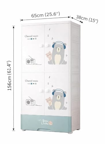 Image of EXVITO Plastic Wardrobe for Cloth with Drawers & Hanging Rod | Baby Cupboard for Clothes Storage | Foldable Collapsible Plastic Almirah for Kids | Cartoon Design Cabinet for Bedroom (Bear, 5 Door)