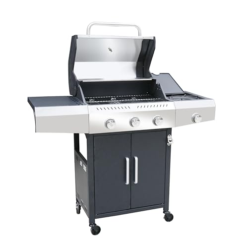 BRICOZONE Barbecue A Gas Professionale XXL 4 Bruciatori Con Bruciatore Laterale 16 Kw Coperchio Doppio Termometro Ruote Piani Laterali Scaldavivande E Griglia In Acciaio Inox (4 Fuochi)