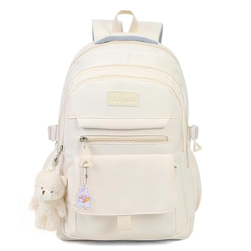 Image of PRLINJSK Girls Backpack for College High Middle School Student, Cute Aesthetic Bookbag for Teens Women with Accessories,Beige