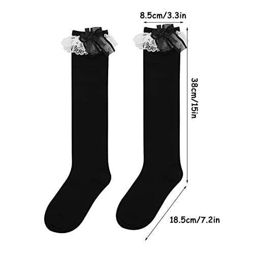 Women's Soft Knee High Cotton Socks with Lace Ruffle Bows - Tube Stockings for Lolita (Black)2