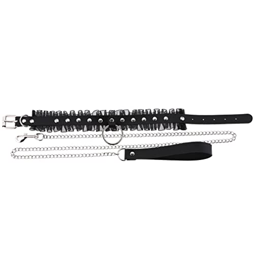 FM FM42 Multicolor PU Simulated Leather Silvert-Tone Rivets O Ring Lace Collar Choker Necklace with Detachable Chain Leash3