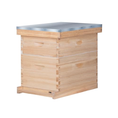 8 Frame Bee Hive Compelte Bee Hive Starter Kit Includes 1 Deep Brood Honey Bee Hives Box 1 Medium Super Bee Box with Beehive Frames and Foundation Sheets
