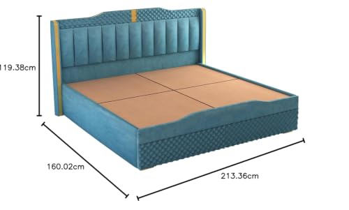 Image of Luxury Queen Size Upholstered Storage Bed with Diamond Tufted Padded Headboard | Premium Velvet Fabric Platform Bed Frame | Solid Wood Structure | Modern Bedroom Furniture | Ocean Blue