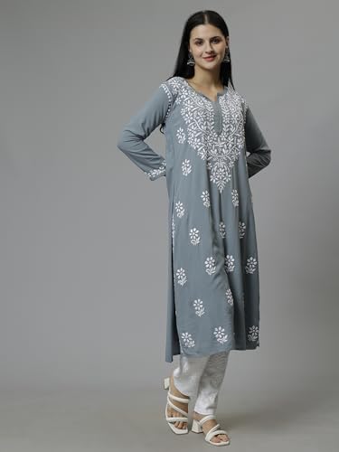 Image of Seva Chikan Hand Embroidered Lucknowi Chikankari Rayon Straight Kurta for Women SCL4532