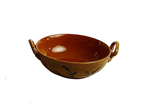 Caffeine Ceramic Handmade Stoneware Dual-Shade Leaf Print Pattern Serving Kadhai Set (Set of 1, Microwave & Dishwasher Safe, 300 ml)