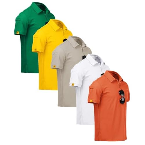 ZITY 5 Pack Mens Polo Shirt Short Sleeve Sports Golf Tennis T-Shirt Moisture-Wicking Summer Shirts Medium Grass Yellow Lightkhaki White Orange