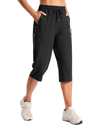 SANTINY Women's 17" Long Shorts Below The Knee Capri Hiking Cargo Shorts Lightweight Quick Dry Elastic Waist for Casual (Black_XXL)