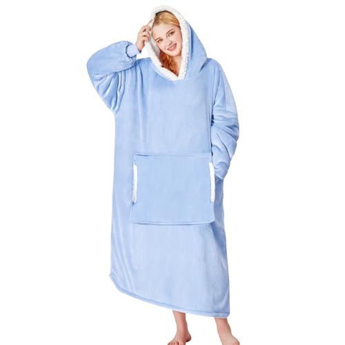 yescool Wearable Blanket Hoodie - birthday gifts for Adults/Women/mom, Flannel Cozy Sherpa Fleece Blanket Sweatshirt with Hood, Pocket & Sleeves, Large, One Size Fits All (Celeste)