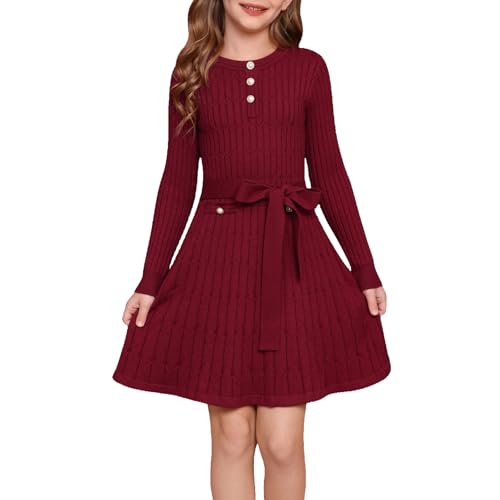 GRACE KARIN Mädchen Hersbtkleid mit Gürtel A-Linie Strickkleid...