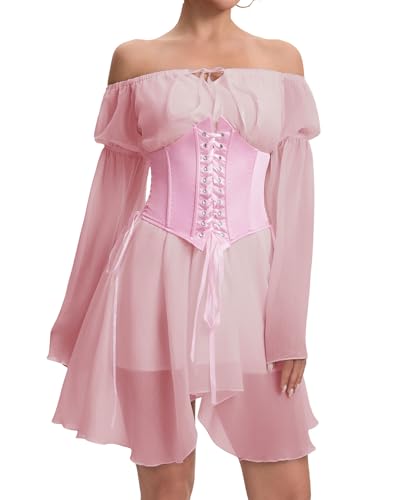 ETATNG Womens Two Piece Corset Dress Off Shoulder Bell Sleeve Summer Party Lace Up Bustier Dress4