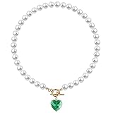 MISS RIGHT Crystal Love Heart Pearl Necklace for Women Girls, 14K Gold Plated Vintage Toggle Choker Pendant Necklace, 17'' (Emerald Green)