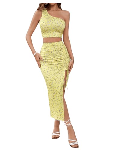 WDIRARA Women's 2 Piece Outfits Floral Print Skirt Set One Shoulder Crop Top Drawstring Split Skirt