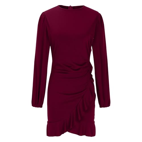 Cocktail Party Work Dress for Women Puff Long Sleeve Bodycon Dresses Ruffle Hem Crew Neck Solid Slim Mini Pencil Dress4