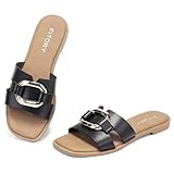 FITORY Women's Flat Sandals Fashion Square Open Toe Slides With Metal Chain Slippers for Summer Size 8 Black