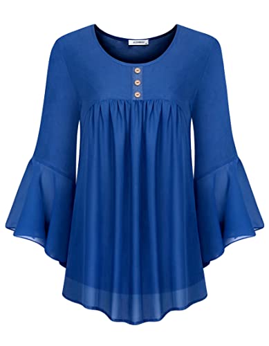 JCZHWQU Flowy Shirts for Women Trendy Casual, Ladies Fall Clothing Scoop Neck 3/4 Bell Sleeve Swing Blouses and Shirts Dressy Work Business Chiffon Tunic Tops Solid Royal Blue XL