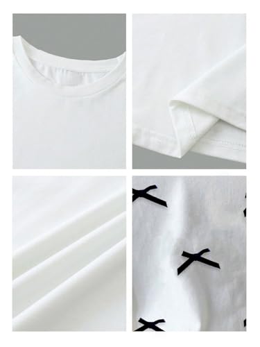Image of RoseSeek Women's Bow Print Short Sleeve Round Neck Oversized Tops Basic Loose Fit Drop Shoulder Tees for Summer