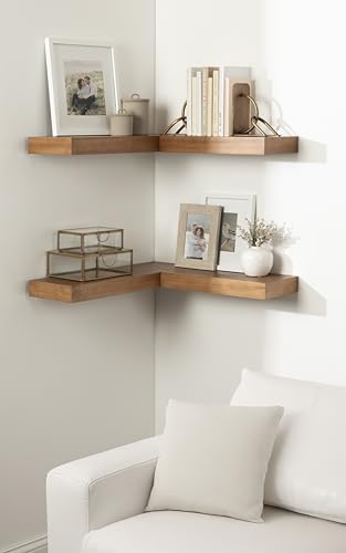Image of Kate and Laurel Havlock Modern Wood Two-Piece Floating Corner Shelf Set, 26 x 8 x 3, Rustic Brown, Wooden Corner Shelving with Unique Geometric Shape for Living Room Decor or Entryway Storage
