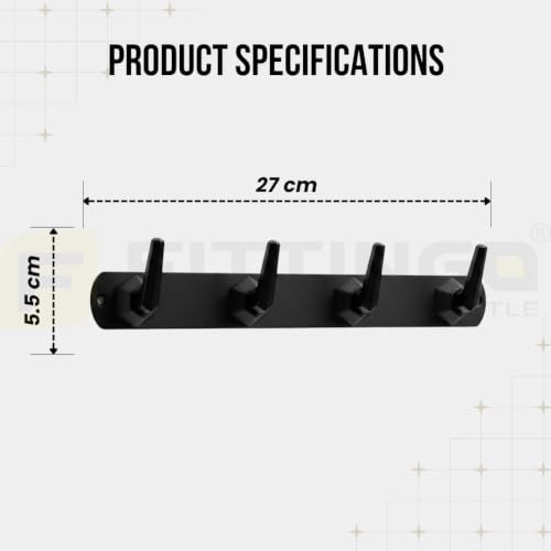 Image of Modern Design Cloth Hanger for Wall /4 Hook Dress Hanger for Door Mount /Bathroom Hooks for Hanging (Black Finish) Pack of 1-| 3 Years Warranty |