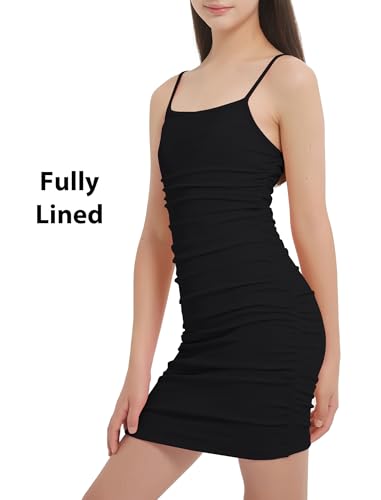 EXARUS Girls Bodycon Dress Ruched Spaghetti Strap/Short Sleeve/Halter Mini Tight Dresses Pencil Casual Party 8-14Y2