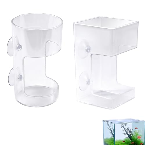 2pcs Fish Tank Feeding Trays, Plastic Transparent Round & Square Feeder Box with 4 Suction Cups Practical Accessories Supplies for Fish Tank Aquarium