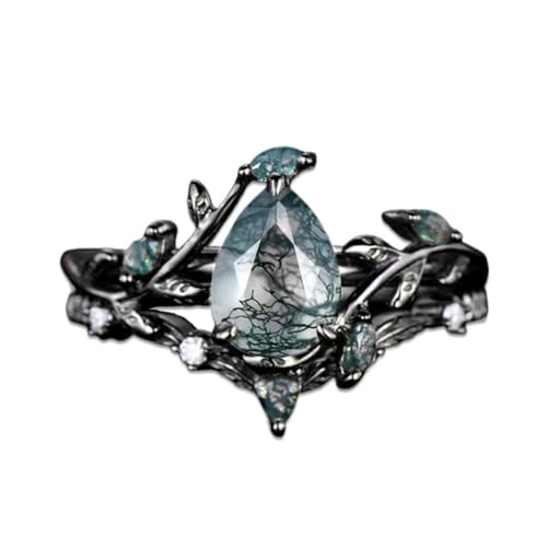 Pear Cut Moss Agate Engagement Ring Set for Women 1.5CT Natural Moss Agate Wedding Ring Set Sterling Silver 10K 14K 18K Gold Bridal Rings Set Size 4-12