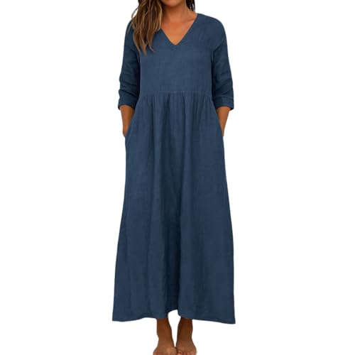 Kleid Sommer Damen Lang Leinenkleid Damen Frühling und Herbst Kleid 3/4 Ärmel V Ausschnitt Langes Kleider Lose Solid Farbe Baumwolle Leinen...