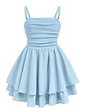 EXARUS Girls Dress Blue Teen Formal Homecoming Dance Special Occasions Casual Tween Ruched Flowy Ruffle Hem Spaghetti Strap Adjustable Mini Dresses Cami for 12 Years