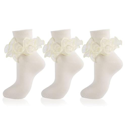 Image of Women Big Ruffle Ankle Socks Adult Double Lace Frilly Turn Cuff Dress Socks Cotton Cute Fancy Bobby Crew Socks