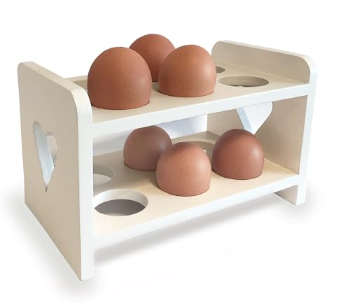 GreyZouq Vintage Wooden Egg Rack Storage with 2-Layer and Pretty Cut Out Heart Design, Country Kitchen Style, Scandinavian Inspired, Holds 12 Eggs, Rustic Food storage. (Cream)