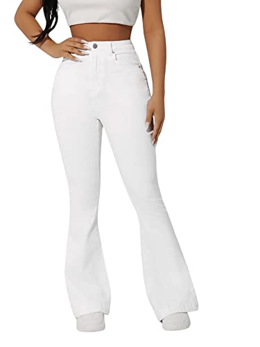 SweatyRocks Women's Casual Denim Pants Heart Print High Waist Stretchy Bell Bottom Flared Jeans White M