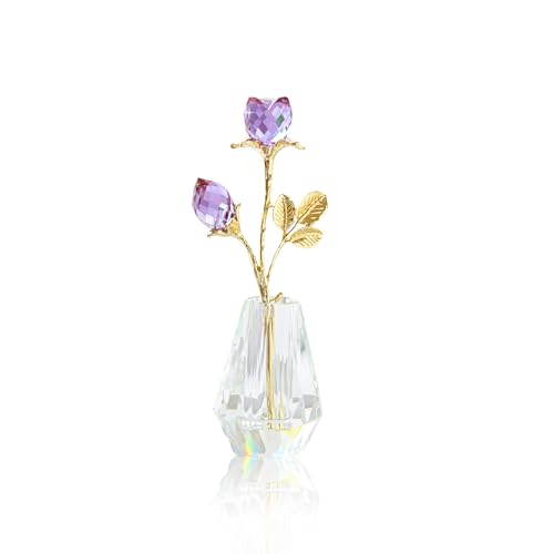 Crystal Purple Tulips Figurine with Glass Rose and Vase