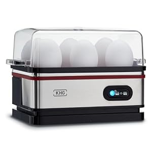 KHG Eierkocher EK-600SE 6 Eier Edelstahl leicht mit Warmhaltefunktion in einzigartigem Retro-Design einfache Bedienung mit Alarmfunktion und Messbecher 400 Watt